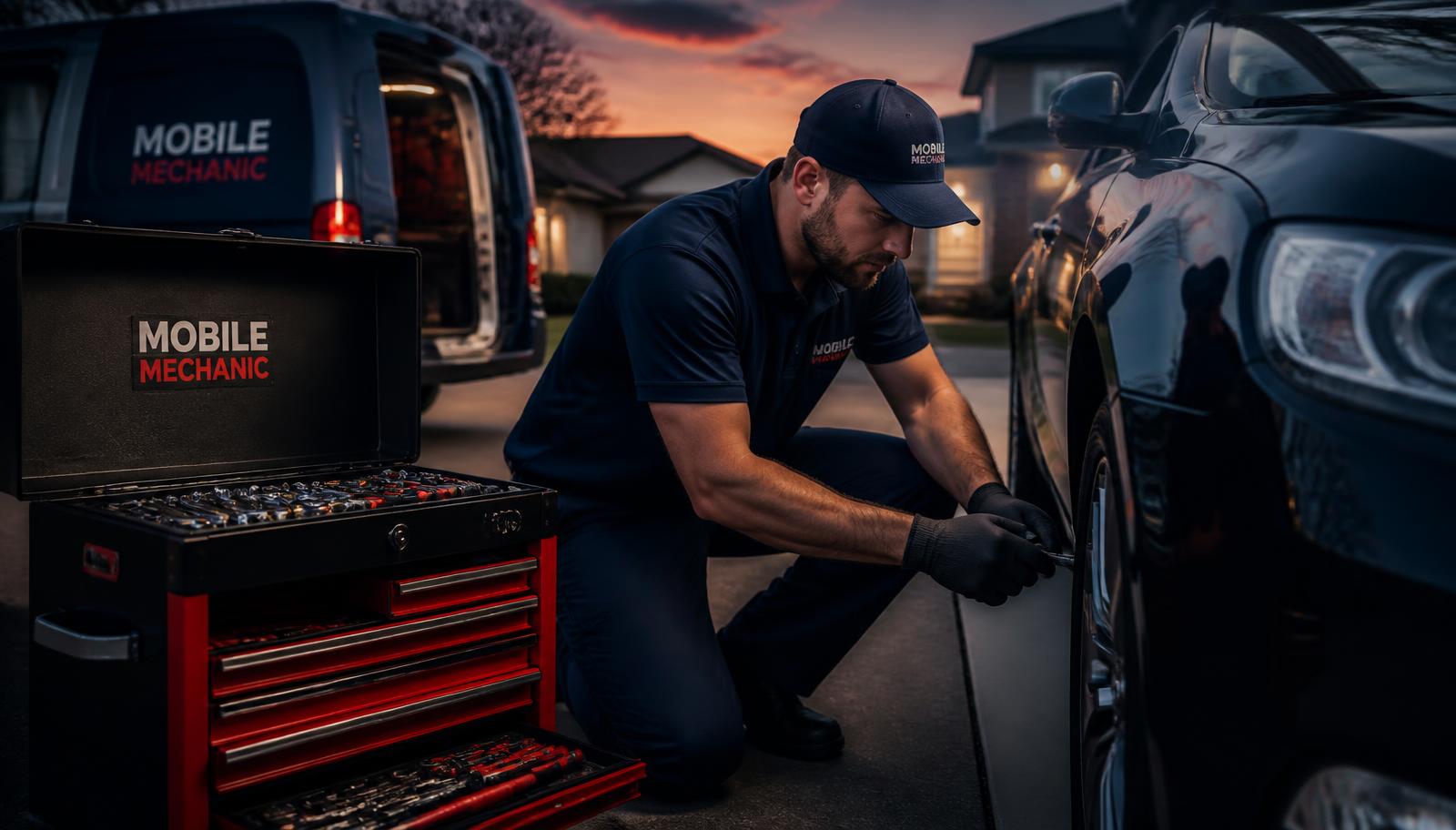 Mobile mechanic servicing a vehicle at a customer's home