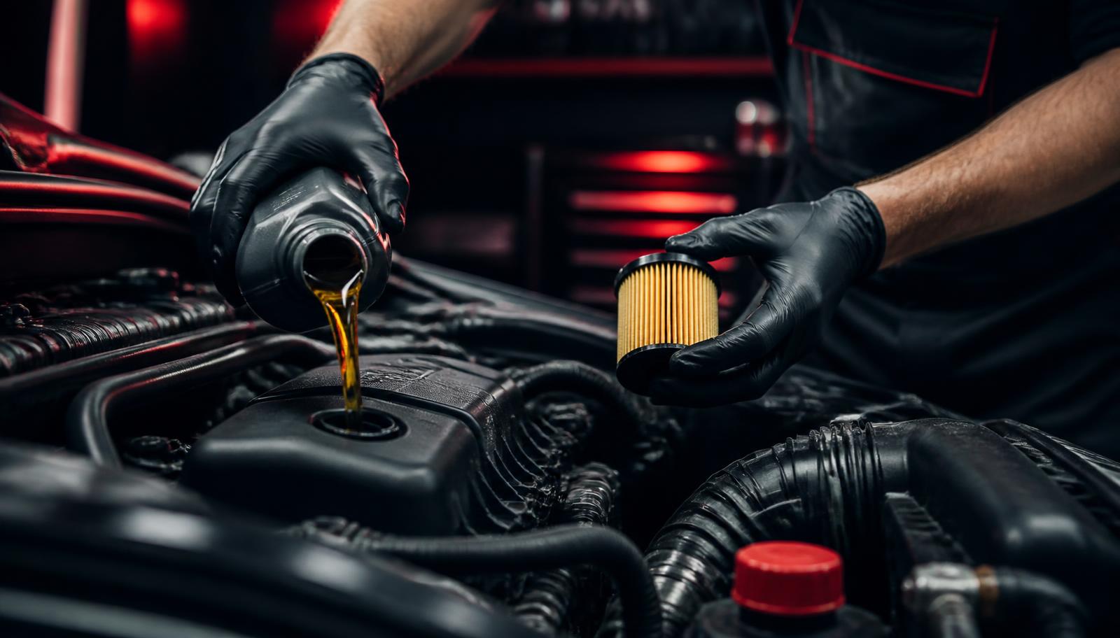 Engine oil and filter service being carried out