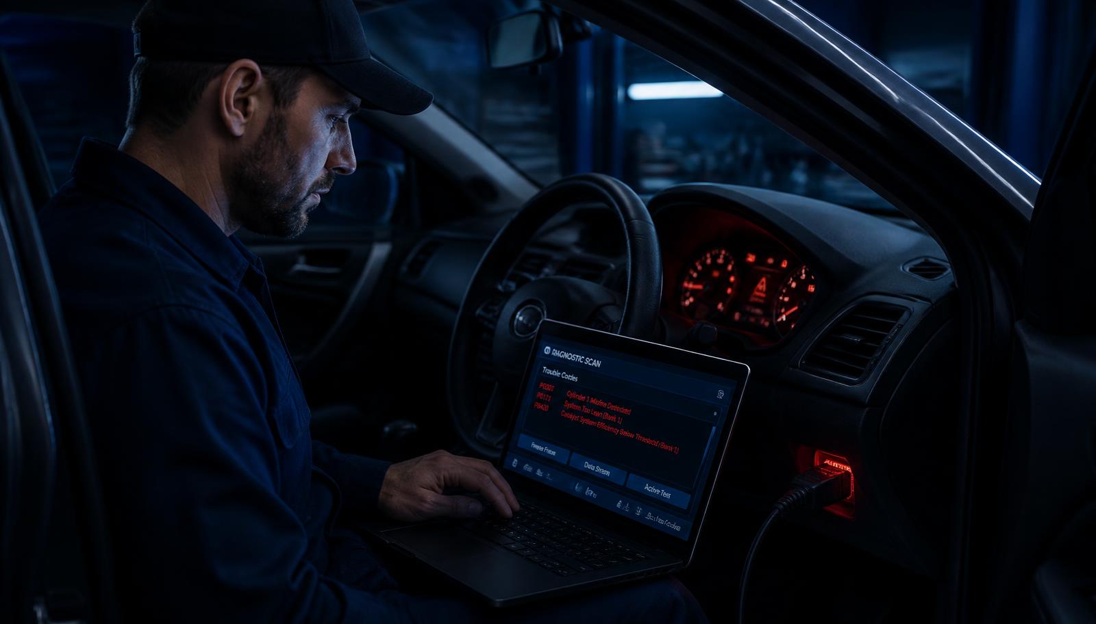 Vehicle diagnostics with a laptop connected to the OBD port