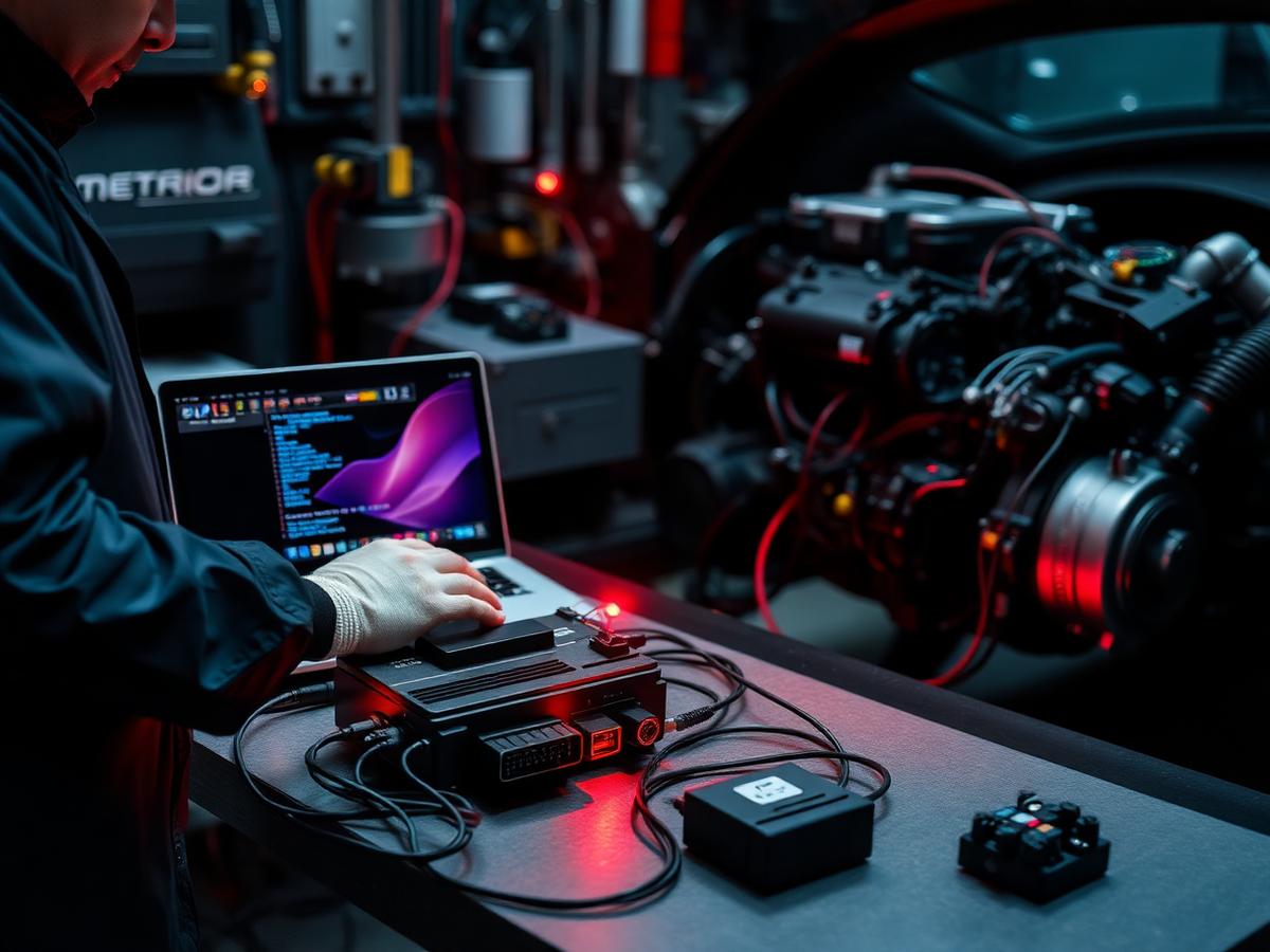 Technician programming a vehicle computer box with a laptop